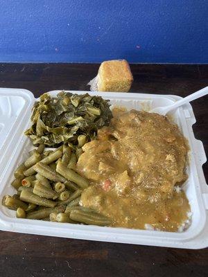 Smothered pork chops greens and green beans