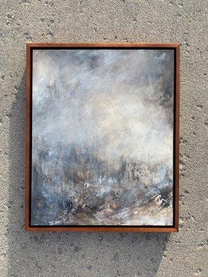 "Riddance" Mixed media on Ampersand Unprimed Basswood painting panel in an Ampersand Walnut Floaterframe by artist Michael Wall.