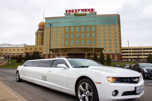 Our One-of-a-Kind Camaro Limousine in front of Hollywood Casino