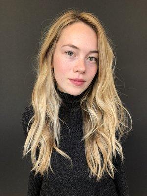 Blonde buttery balayage and long layered haircut