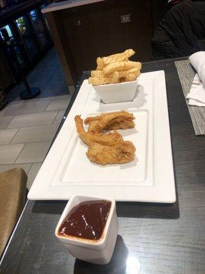 Crispy chicken tenders and fries. The chicken was well cooked and not greasy. Fries were crispy and well salted.