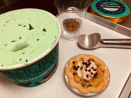 About to make our signature PieCream with a Chocolate Chip Cookie Cutie Pie and Blue Bell Mint Chocolate Chip ice cream!