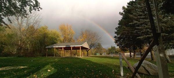 A nice view of the pavilion where you can have your family get together or throw a birthday party. On site grill. Playground.