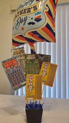 my dad's bouquet of scratchers  from his favorite donut shop!