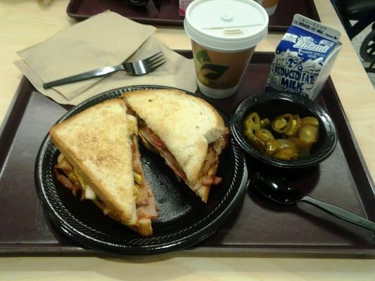 $3.40! Ham and Cheese on Sourdough, coffee, free milk. Side of Jalapenos