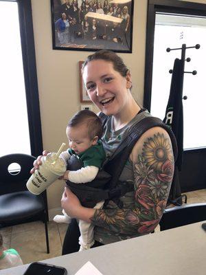 Andrea and baby Drewie enjoying a Mint Chip Shamrock shake!