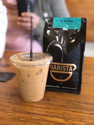 Hazelnut iced latte with oat milk and one of their bags of local beans!