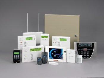 Burglar alarm installation featuring Honeywell security products.