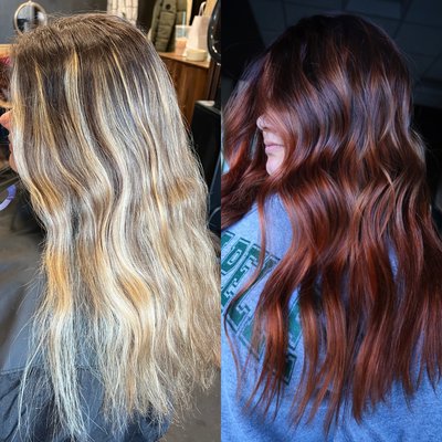 Transformation, blonde to red, redhead, red balayage, red hair, before and after