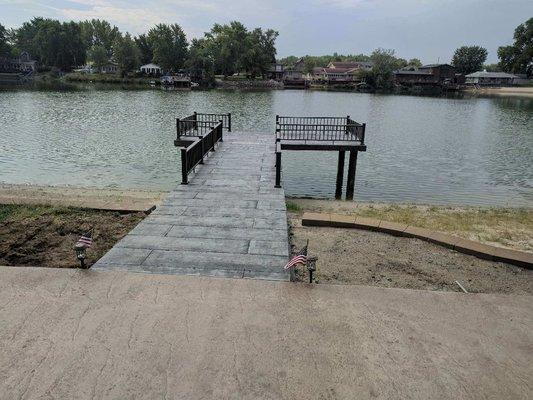 Stamped concrete patio and Fishing Dock