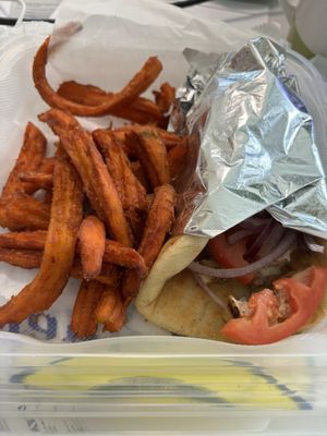 Chicken souvlaki with sweet potato fries