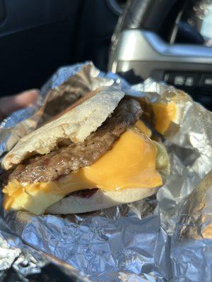 Sausage Breakfast Sandwich with Egg and Cheese on an English Muffin