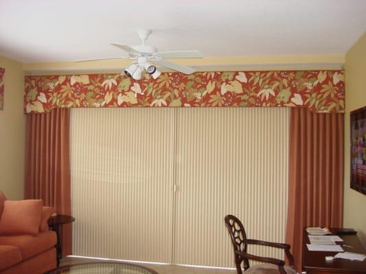 HunterDouglas Duette Vertiglide framed by custom cornice and side panels.