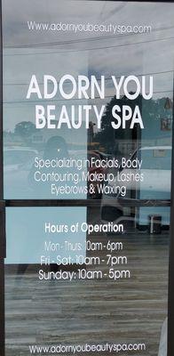 Welcome to Adorn you beauty spa.  Specializing in Facials,  Body Contouring, makeup, lashes, Eyebrows and waxing.