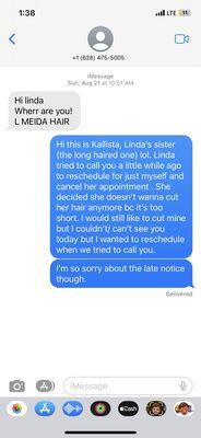 This photo is the text messages between Michael the hair dresser from L MEIDA STUDIO and myself.