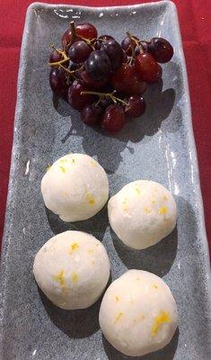 Fig mochi served with fruit and chrysanthemum tea at Lazy Susan pop-up on 11.1.2018.