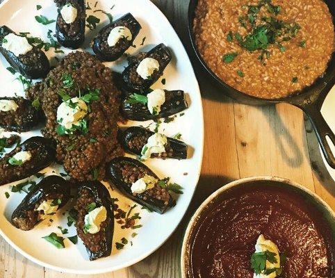 Morrocan Lentil Stuffed Baby Eggplant, Borscht & Butternut Squash Risotto