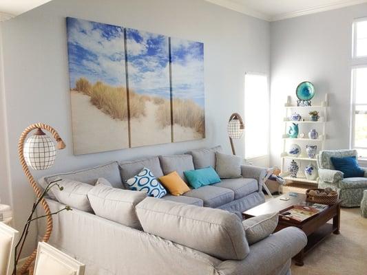 48"x72" Canvas Triptych of "Beachside Dunes" in a home.