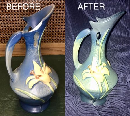 Roseville Pottery Zephyr Lily Ewer Restoration- now like new again!