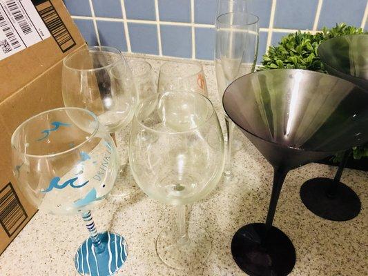 Her glassware collection- everything arrived in pristine condition. Time to relax with a glass of wine (or two)