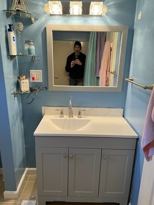 New Vanity, Faucet, Mirror and Vanity Light Installed