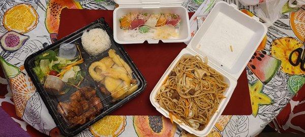 Orange chicken bento, Love Triangle roll, and Lo Mein Combo