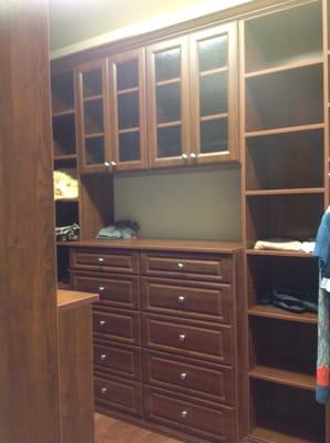 Queen City closets master closet in Lewis cherry wood grain 2