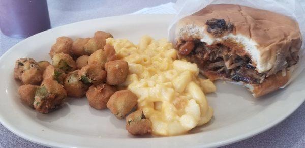 Fried okra, mac n cheese, BBQ pork sandwich