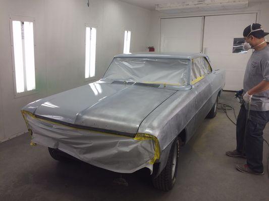 1966 Chevy II Nova SS stripped down to bare metal and then epoxy primed.