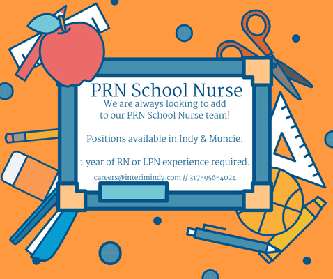 We are always looking for RN & LPN candidates to staff PRN at a variety of school districts in Indianapolis & Muncie!