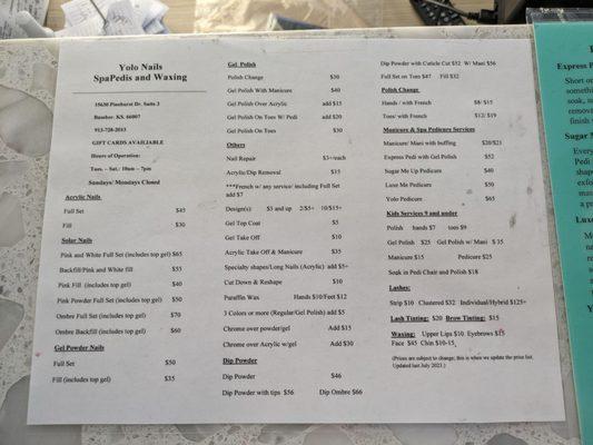 Menu of services with prices