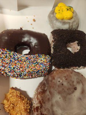 Top right Red Velvet donut Row 2 Chocolate Celebration and donut with oreo crumbles. Bottom Caramel old fashioned donut and apple fritter.