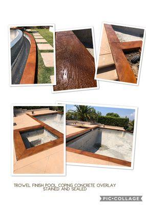 Pool copping overlay trowel finish with multiple stain colors and sealed.