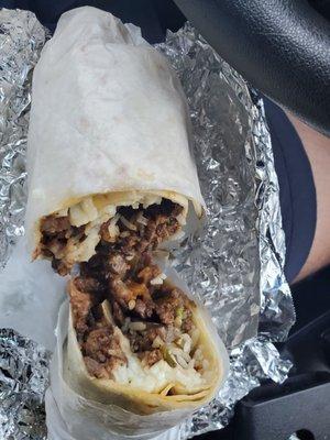 Beef fajita, beans, rice and cheese burrito