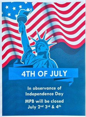 Good morning everyone, in observance of the 4th of July we will be close the 2nd, 3rd &4th. Stay safe and        Happy Independence Day!