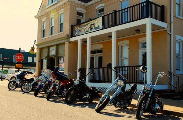 Hogs lined up in front of Old Friends Vintage Guitars