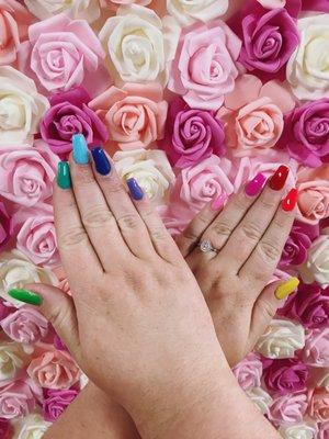 Pride nails done by Henry. Full set acrylic, coffin cut. (The backdrop is at my house, not at the salon).