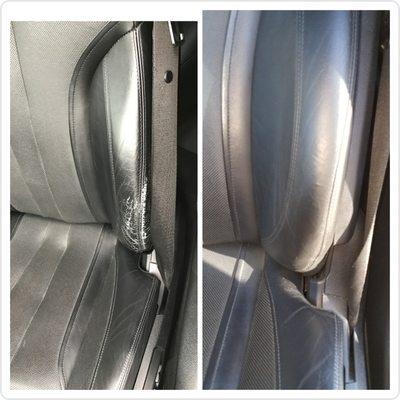 Before/after repair on BMW black Nappa leather.