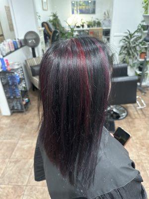 Peek-a-boos of red and purple with a root touch up on the natural