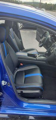 2020 Civic with custom built Katzkin black leather with blue wings and stitching