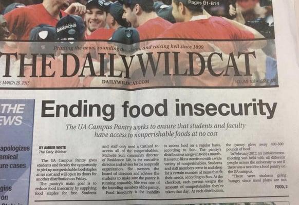 The UA Campus Pantry being recognized by the Daily Wildcat for hunger alleviation efforts on campus and in the Tucson community.