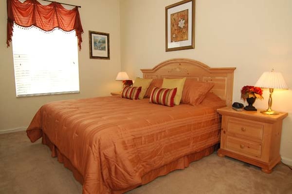 Master bedroom with king bed, TV, walk in closet and bathroom.