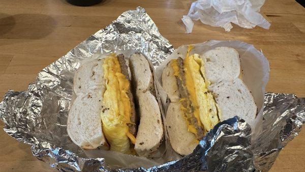 Sausage egg and cheese on an everything bagel