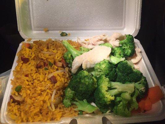 My chicken and broccoli platter (steamed) with pork fried rice.