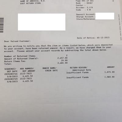 Letter from our bank showing the two bad checks.