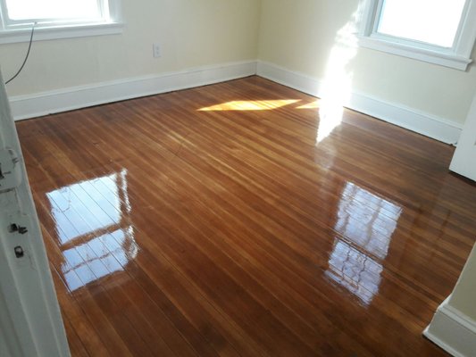 This is a pine floor that had pet Stain and it got save it got refinish with 3  coats of poly  semi- gloss