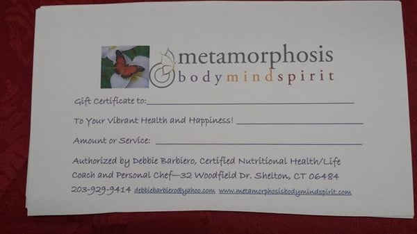 Contact me to purchase a Gift Certificate in any Amount for Nutritional Health/Life Coaching, Personal Chef or Cooking Classes