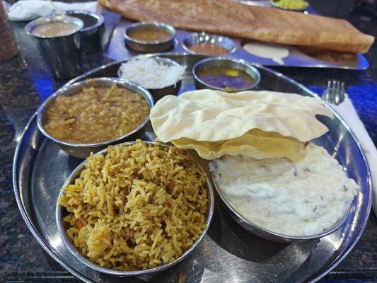 Business Lunch (Bisibelabath, Veg biryani, Curd rice, Plain rice, Rasam and Appalam) - $11