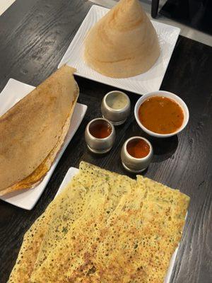 KARA MURA DOSA (GUN POWDER), MILATRY GHEE ROAST DOSA, ONION RAVA MASALA DOSA