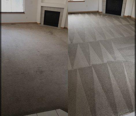 Before and after living room carpet cleaning.